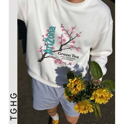 Herr T-shirt med lång ärm och rund hals, tunn, rosa körsbärsblommönster, grön text "Arizona" och "Green Tea With Ginseng & H..." - Vitt (L,M,S,XL,XS,XXL,XXXL)