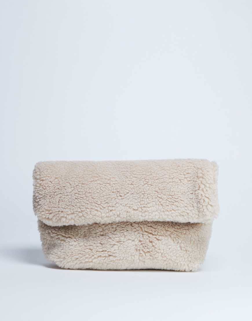 Topshop - Georgia - Beige håndtaske med foldet design i imiteret lammeskind-Neutral - One Size