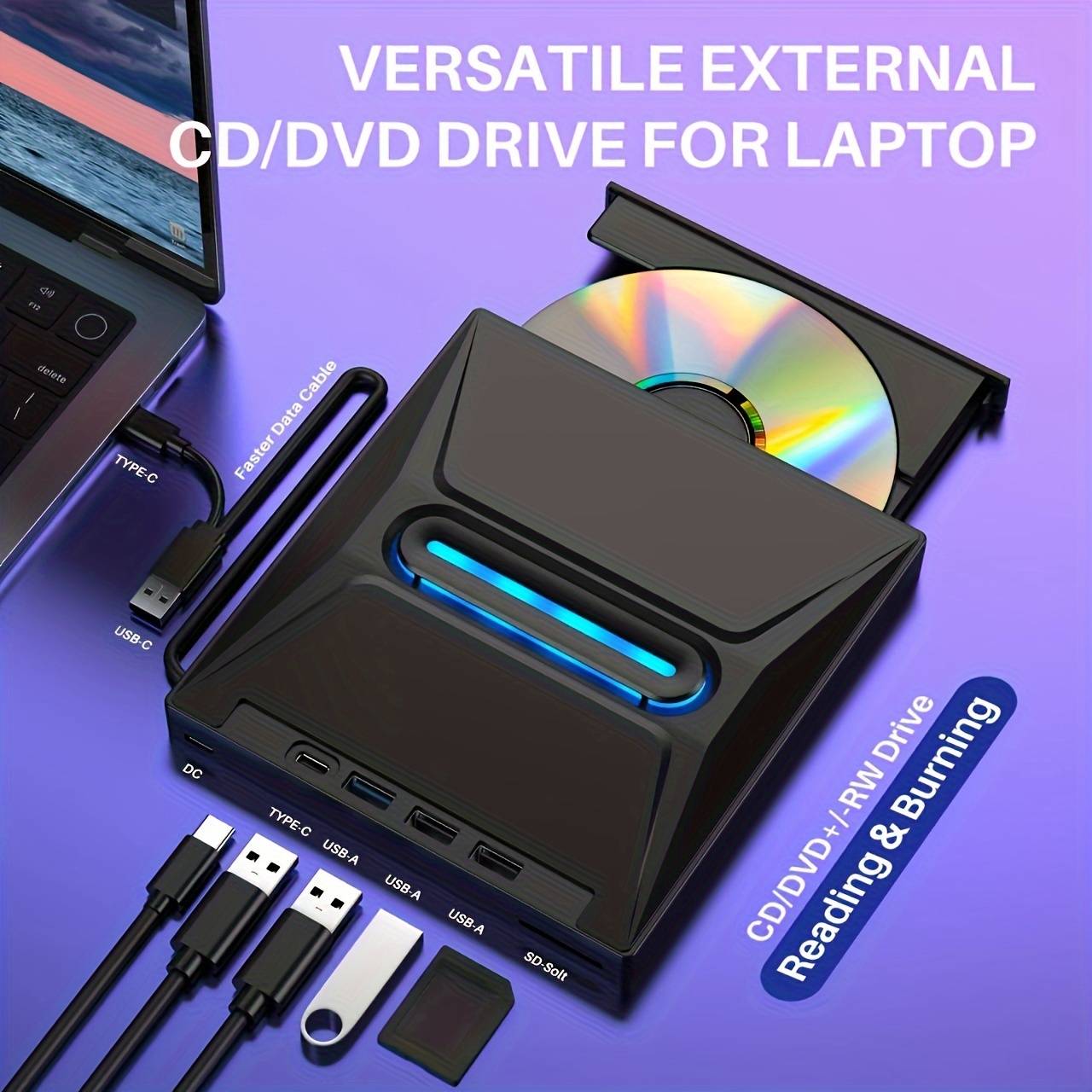 TEMU Upgraded Portable External Cd Dvd Drive, Usb-powered Type-c& Usb 3.0 Dvd+/-rw Writer/burner With Sd Card Reader, 3-port Usb , Plug& Play For Windows, , Os