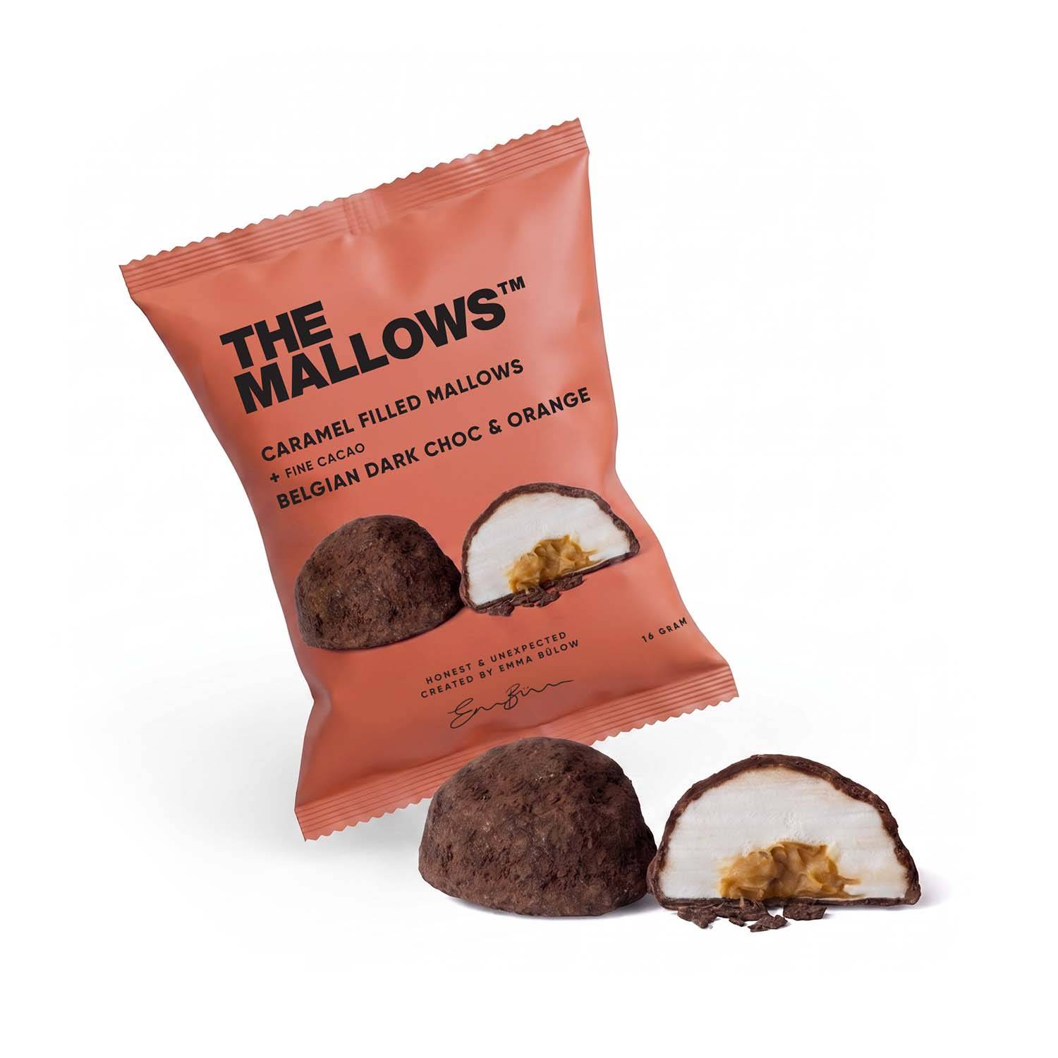 CARAMEL FILLED MALLOWS + DARK CHOC, & ORANGE 1-stk.