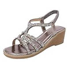 Damen Sandalen Mit Wasserbohrer Bohemian Freizeit sandaler Weich Comfort Sport Utomhus Sommer T-Riemen Rutschfeste Strandsandaletten Römer Rutschfeste Plateau Römersandalen, Grau4, 42 EU