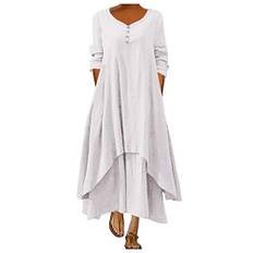 Linneklänning dam lång höstklänning dam bomull blusklänning med knappar skjortklänning långärmad enfärgad oregelbunden fåll skjortklänning swing strandklänningar eleganta fritidsklänningar för