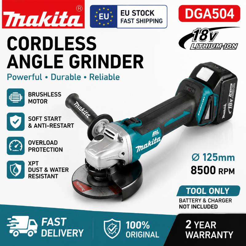 Original Makita DGA504 18V 125mm Brushless Cordless Angle Grinder Bare Tool LXT Electric Power Tool EU Local Stock Fast Shipping Compatible with BL1830 BL1840 BL1850 BL1860B 18V Batteries