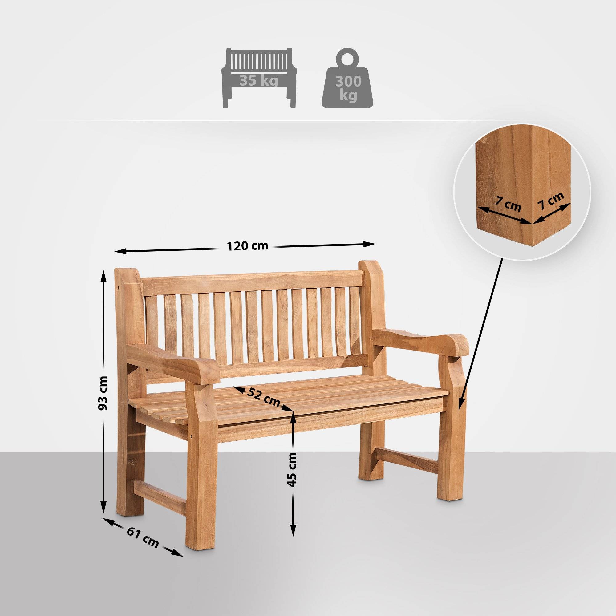 Teak bænk Jackson 120 cm med betræk, teak