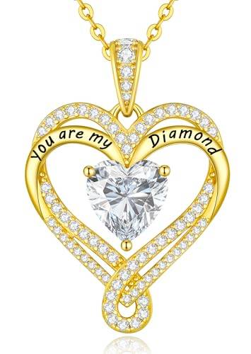 Halskette Damen Silber 925 Kette Damen Moissanite, 2 Karat Moissanite Kette Doppel Herz VVS1 Reinheit D Farbe, Frauen Schmuck Geburtstags Geschenk für Weihnachten Valentinstag Muttertags (2 Karat 14K)