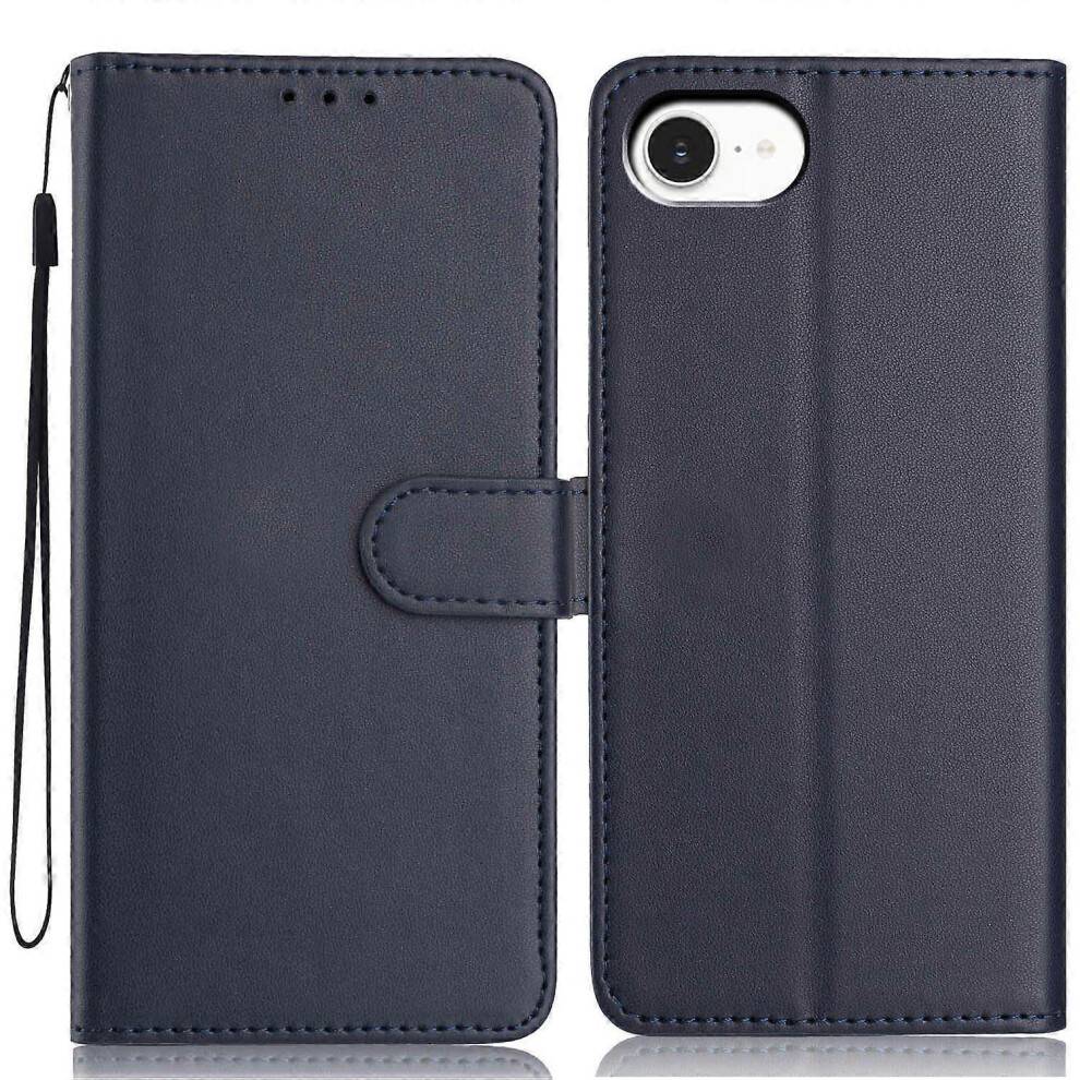 (Blue) For iPhone 16e Wallet Case with Strap/ Multiple Card Slots Solid Color Leather Stand Phone Cover