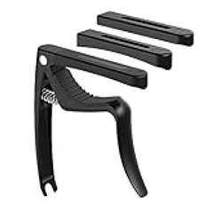 Linrax C3 Gitarr Capo, 4 i 1 Kapodaster med Bridge Pin Puller, Kapo Capodaster för Akustisk Gitarr Elgitarr Klassisk Gitarr Basgitarr Ukulele Banjo Mandolin, 3 Silikonhuvuden, Gitarrtillbehör, Svart