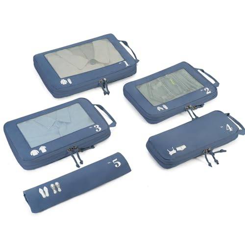 ECOHUB 5 Teilige Kompression Koffer Organizer Set für Rucksack Compression Packing Cubes Packwürfel Kofferorganizer Packtaschen Kleidertaschen für Koffer Reiseorganizer(Reines Blau)