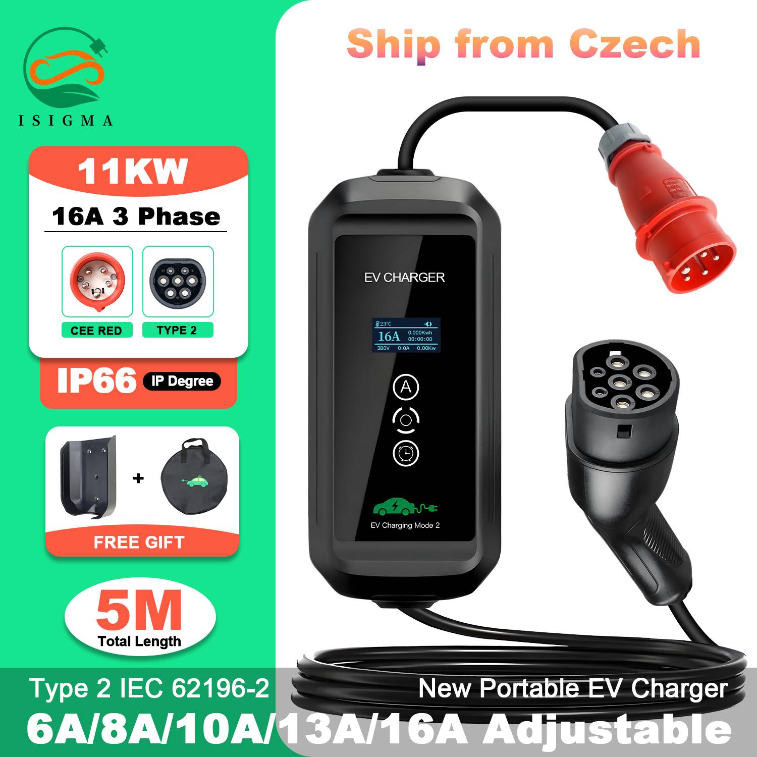 ISIGMA 16A 11KW Type 2 Portable EV Charger with Timer IEC-62169 Home AC Charging for Electric Vehicle PHEV Hybrid Cars 5M