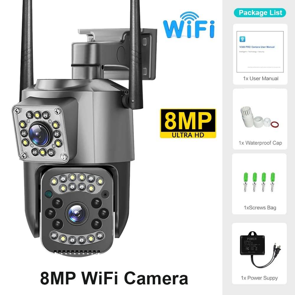 4K 8MP Dual Lens WiFi IP-kamera Night Vision Ai Human Detect PTZ Outdoor Video Camara Wireless V380 Pro CCTV Säkerhetsskydd 8MP Camera