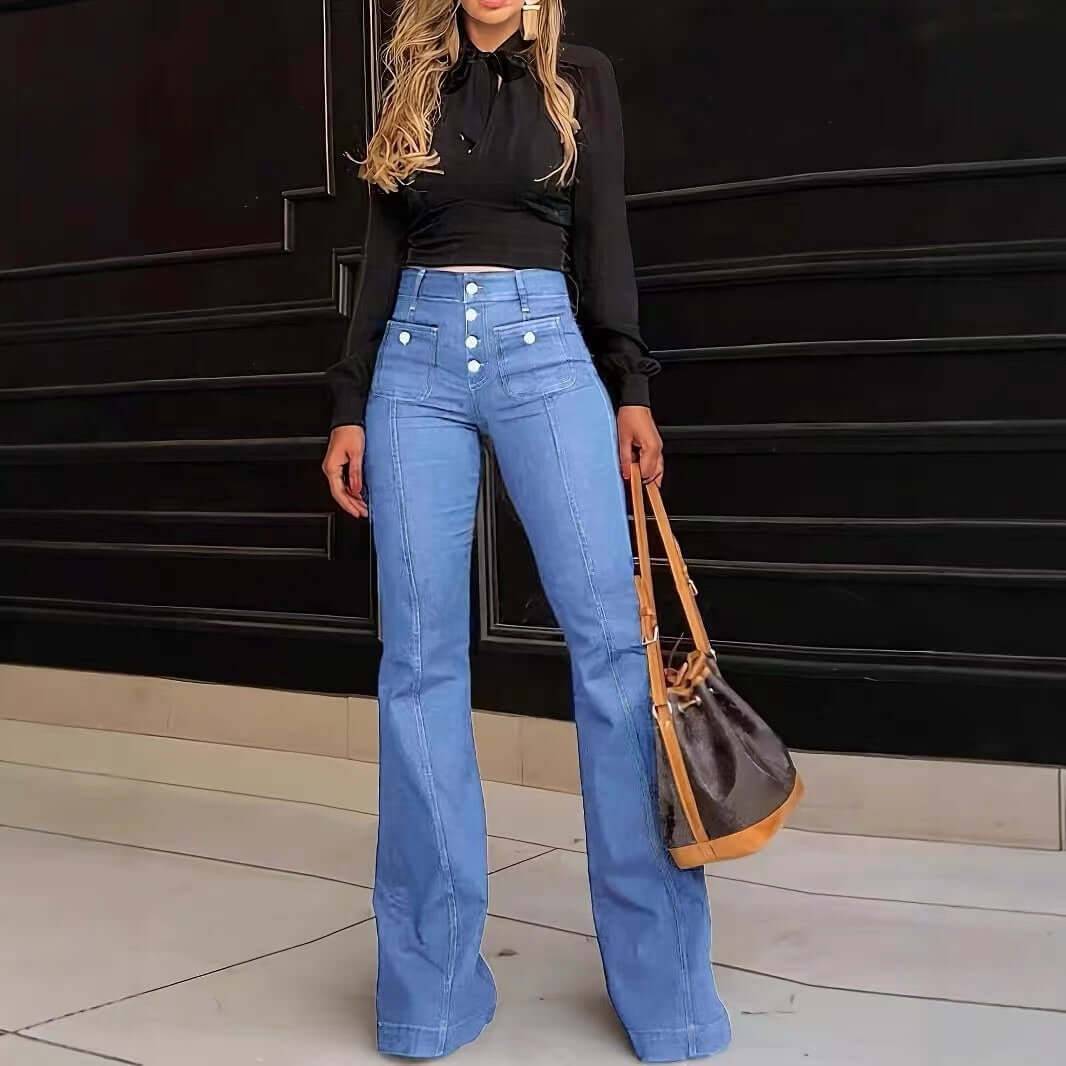 Slim Fit Patchwork Stretch Flared Jeans - Light Blue / S