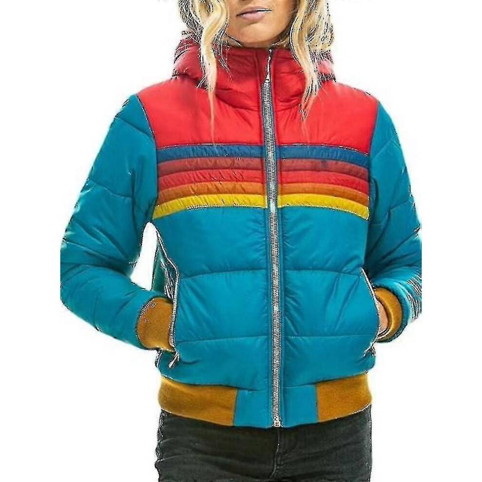(XXXL, Blue) Womens Rainbow Zip-up Winter Down Casual Striped Hooded Puffer Coat