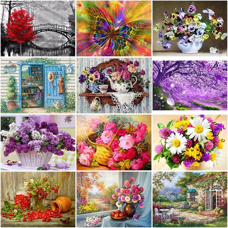 Gör-det-själv 5D Diamantmålning Blomkorg Diamantbroderi Landskap Korsstygn Hel Rund Borr Strass Konst Heminredning Gåva