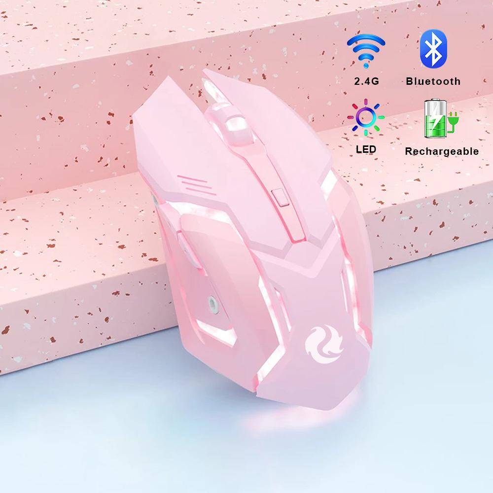 Gamingmus Uppladdningsbar 2,4 g trådlös Bluetooth-mus Mute Ergonomisk mus för dator bärbar dator Led bakgrundsbelysta möss för Ios Android Bluetooth rosa
