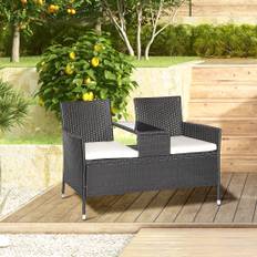 2-personers polyrattan havebænk med bord, sort stål havesofa, B133 x D63 x H84 cm, vejrbestandig & moderne