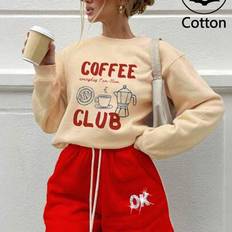 Coffee Club, läcker och näringsrik frukost, 100 % bomull dam sweatshirt Pocket Shorts Set i två delar, Tunna vår/sommar träningsbyxor, Casual Mångsidi - Aprikos+röd (L,M,S,XL)
