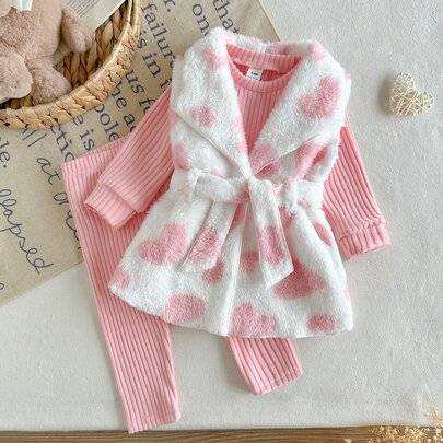 3-delat set för småbarnsflicka med västtopp och byxor, sött rosa och vitt med hjärtmönster, sherpa, rosett, ribbat, lång ärm, rund hals, tjockt, fest, (6-9M,9-12M,12-18M,18-24M,2-3Y)