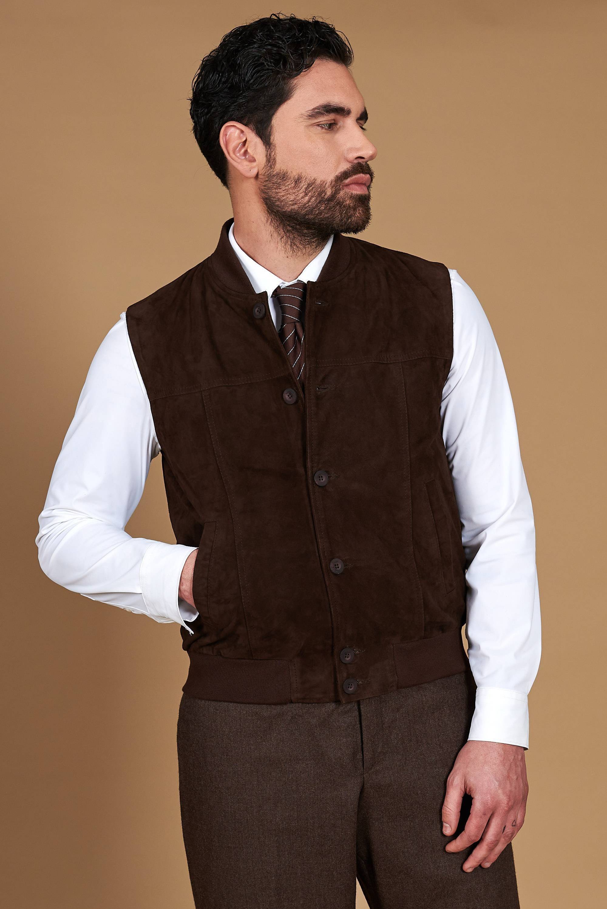 Dark brown suede leather vest with buttons - Dark Brown - 48/S