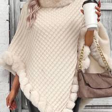 TEMU Solid Waffle Grid Fuzzy Trim Poncho, Elegant Thermal Hanky Hem Crew Neck Cape For Fall & Winter, Women's Clothing