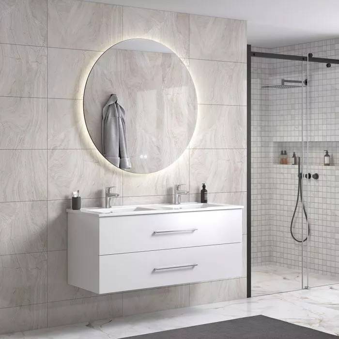 LindaDesign 120 cm badrumsmöbel dubbel m/vit handfat och rund spegel