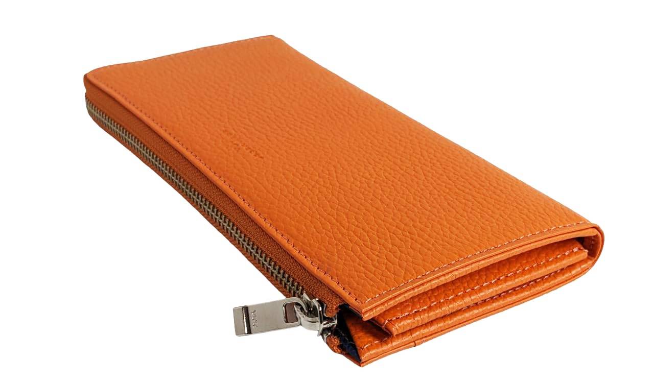EIGHT ONE Genuine leather made in Japan Himeji leather long wallet for women and men with zipper [PLUS +81] L-shaped (Orange)
