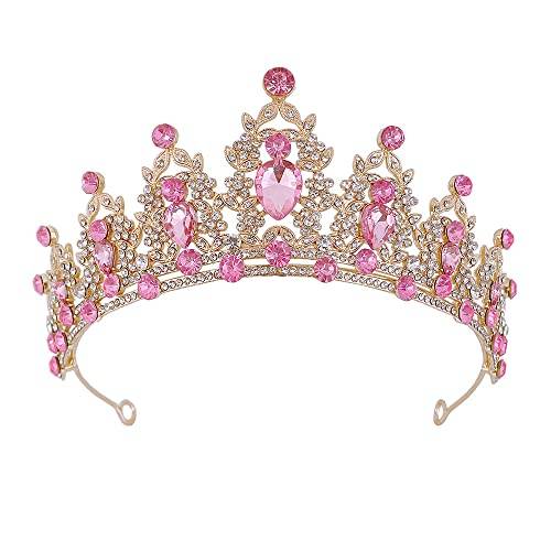 Rosa Strasssteine Mädchen Kristall Tiara Hochzeit Braut Frauen Prinzessin Stirnband Krone Haarschmuck für Geburtstag Party Festzug Abschlussball Königin Kostüm Bühnenauftritte