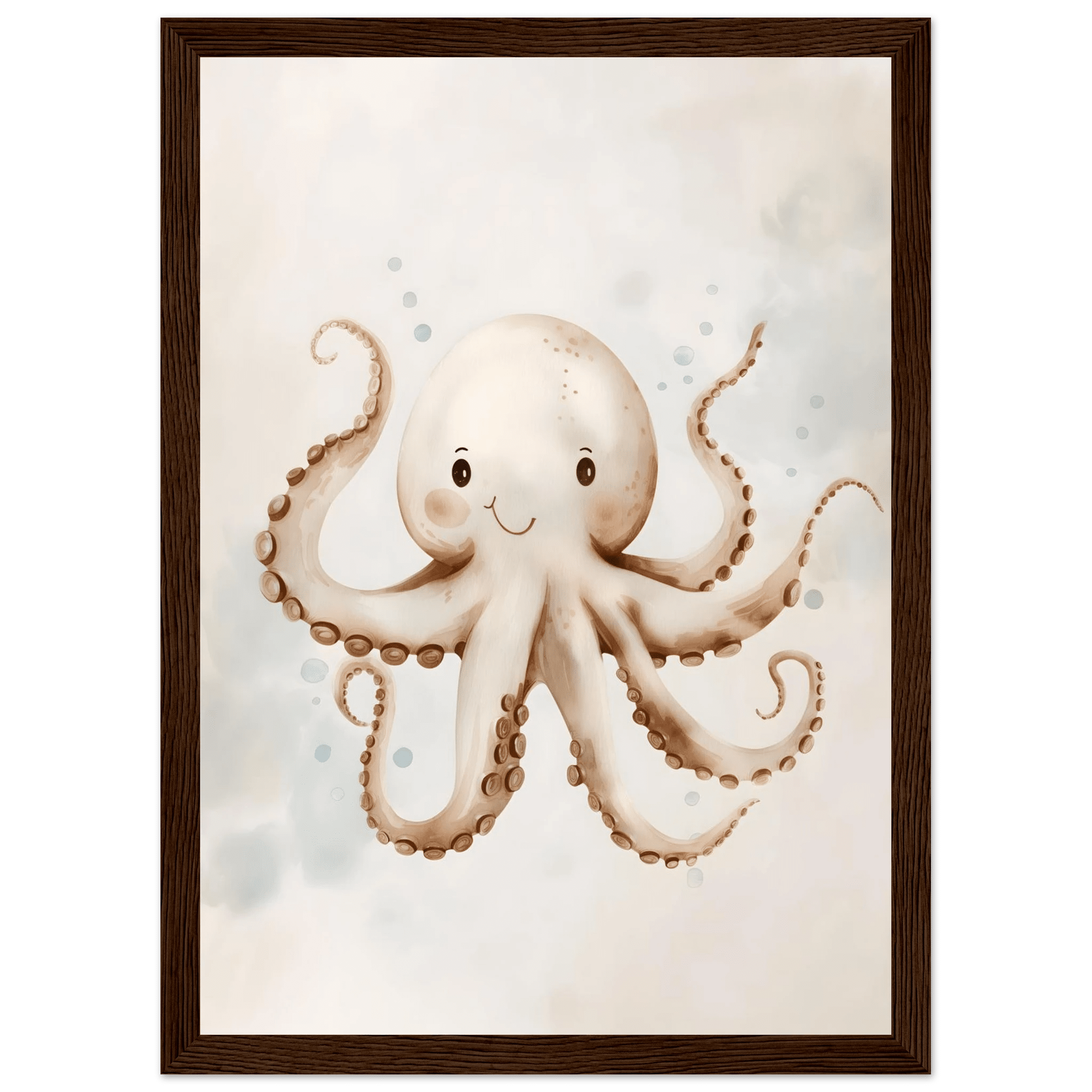 Söt bläckfisk poster-21x29.7 cm / 8x12" / Med ram / Mörkt trä