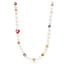 Nialaya, Tilbehør, Dame, Gul, S, Womens Smiley Face Pearl Necklace with Assorted Beads