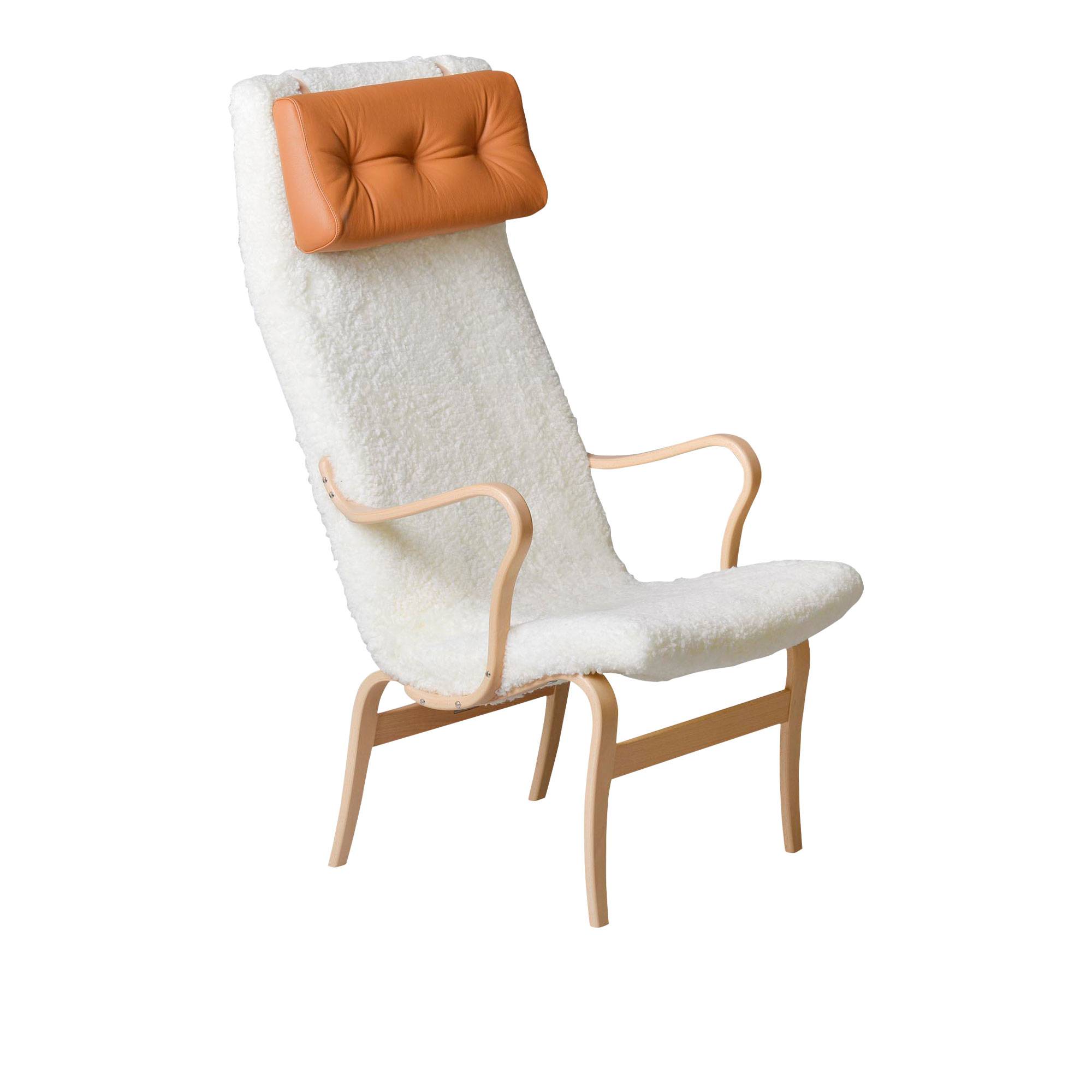 Bruno Mathsson International - Mi 473 Eva - Hög rygg - Klarlackad bok - Fårskinn Offwhite/Elmosoft 54035 - Lænestole - Bruno Mathsson - Hvid - Læder/Træ/Uld