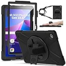 Gerutek Fodral för Lenovo Tab M10 FHD Plus 3rd Gen 10,6 tum 2022, stötsäkert robust skyddsfodral med skärmskydd, vridbart stativ handledsrem axelrem, pansarfodral för Lenovo M10 Plus 3. Gen 10,6 tum