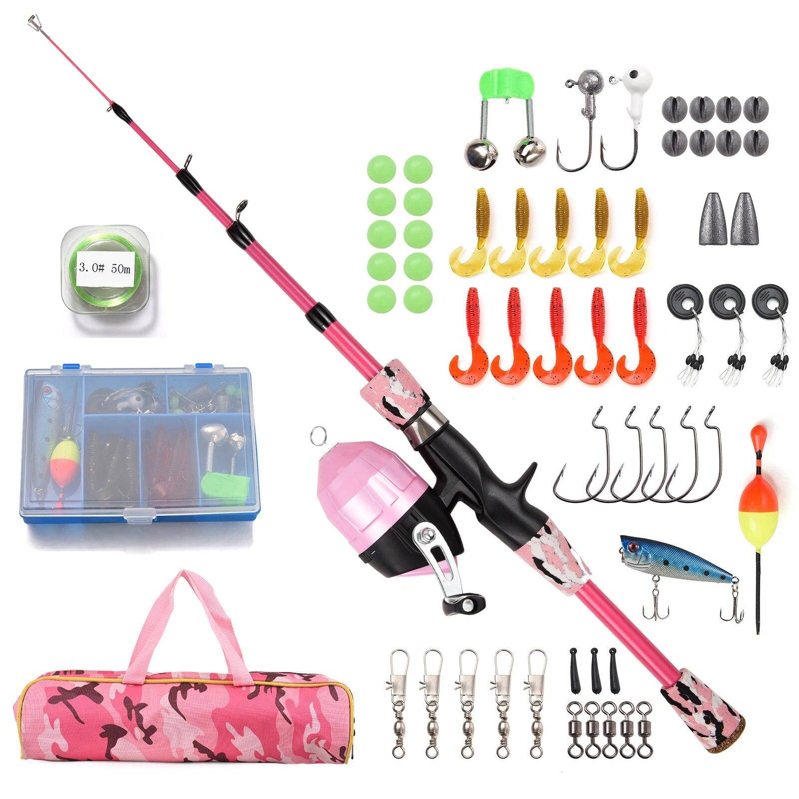 LEOFISHING 1,2 m/1,5 m barn teleskopiskt fiskespö och rulle Combo komplett kit med spincast rulle och krokar Lures Swivels bärväska rosa