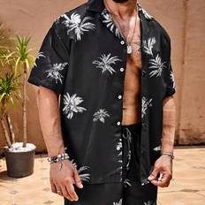 Herrset med slumpmässigt tryck, kortärmad skjorta och strandshorts, badbyxor med grafiskt tryck, för strandsemester, Hawaiiskjorta och shorts, Hawaiia - Svart (L,M,S,XL,XXL)