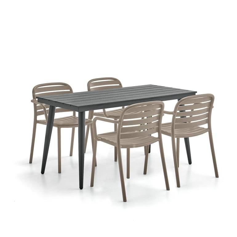 Möbelgrupp VISTA + BELIZE, 1st rektangulärt bord och 4 stolar med armstöd, taupe