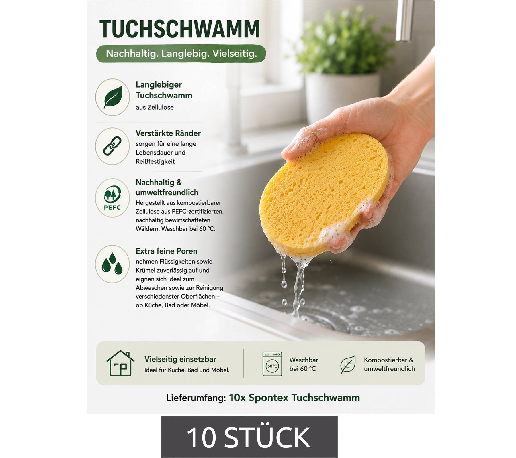 10er Pack Spontex Tuchschwamm mit hoher Schmutzaufnahme für die Reinigung verschiedenster Oberflächen Reinigungs-Schwamm 7587220 Gelb