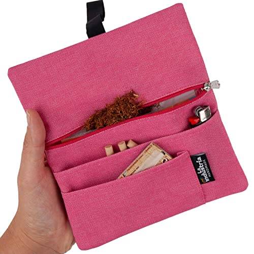 Tabaktasche für 30-50g 'Vulcano' - Wasserabweisender Tabakbeutel für Drehtabak mit Fächern für Filter, Blättchen und Feuerzeug (Erdbeere)