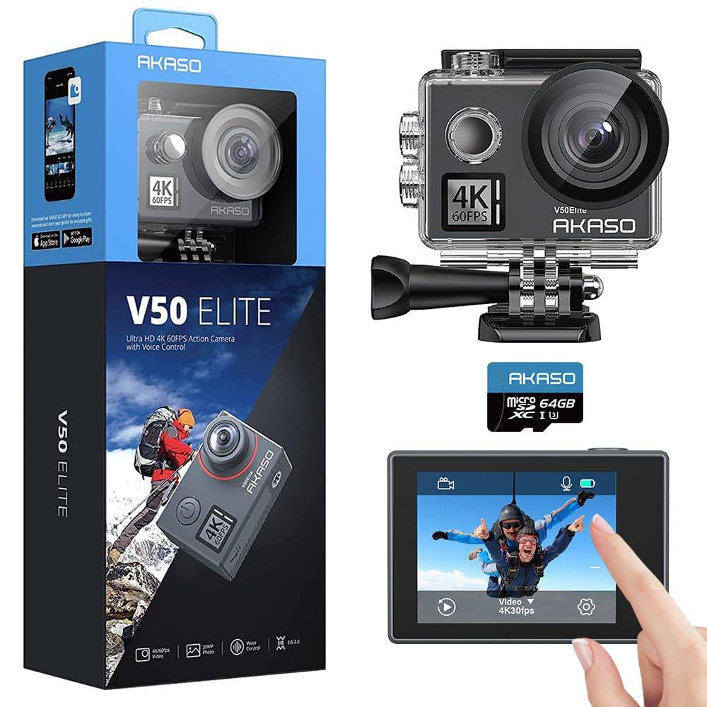 AKASO Actionkamera V50Elite 4k 60fps 64GB microSD-minne Röststyrd EIS-bild 40M Vattentät 8x HDMI Fjärrkontroll Actionsporter Bärbar kamera Pekskärm, svart