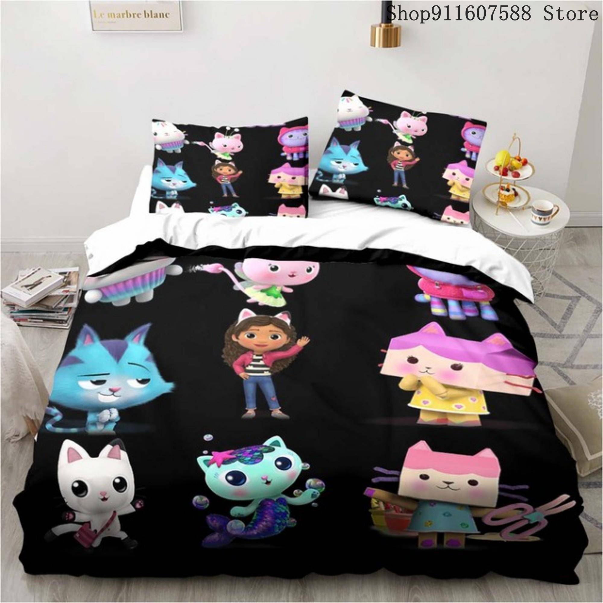 Gabbys dockhus Sängklädesset Kawaii Sänglinneset Enkel Dubbel Storlek Heminredning För Flickor Barn Tecknad Söt Katt Påslakanset US Twin173x218cm