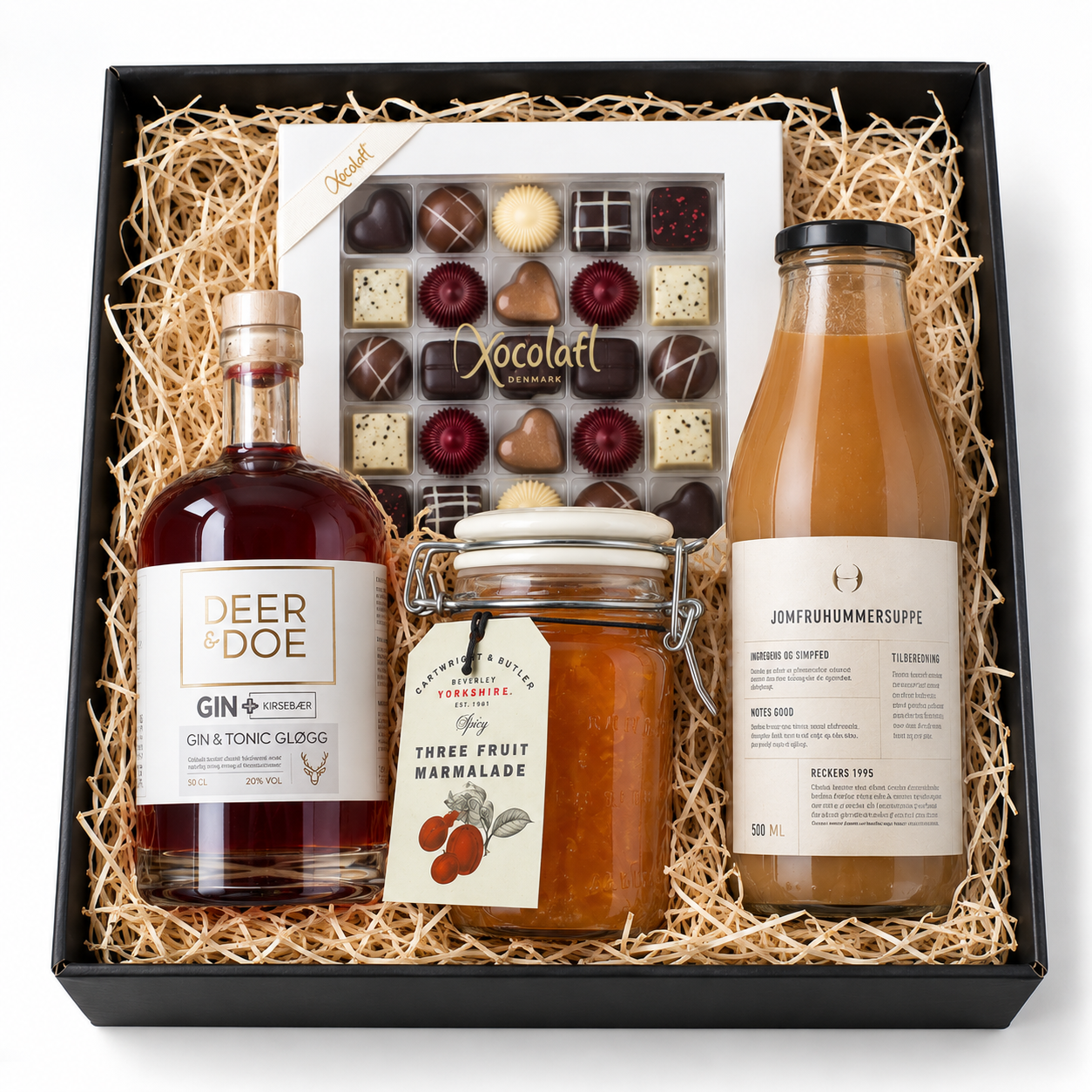 Gavekurv med Gin gløgg, hummersuppe, luksus chokolade og engelsk marmelade.