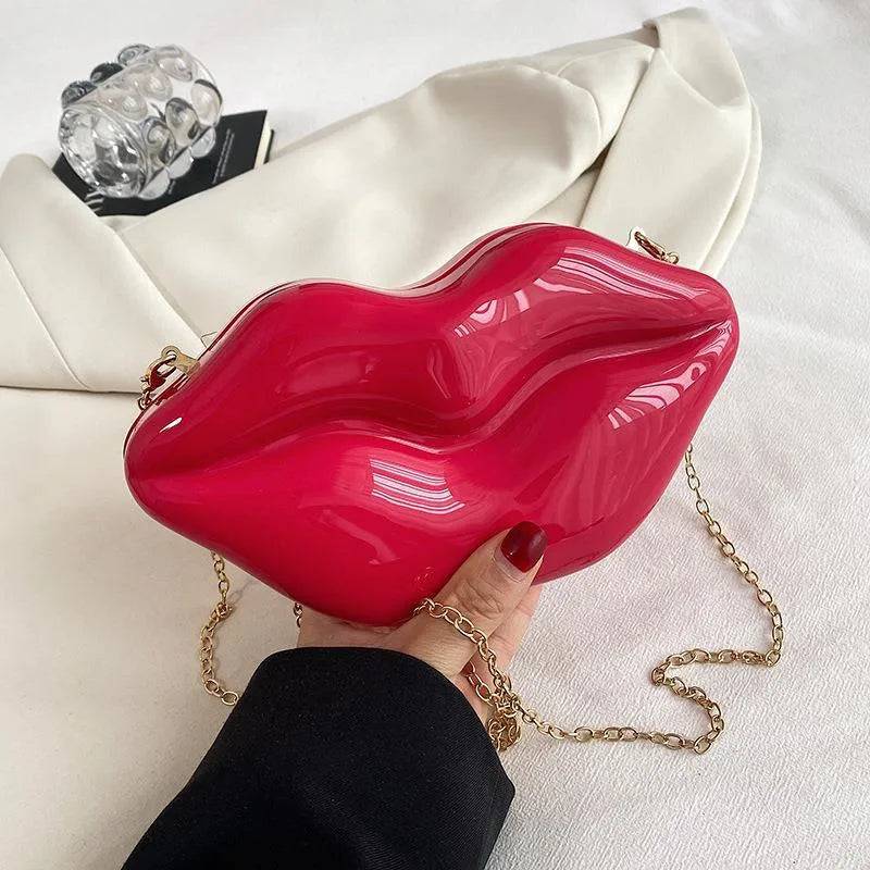 women's small pvc lips streetwear square magnetic buckle shoulder bag crossbody bag - Red