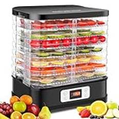 MEYKEY dehydrator i rostfritt stål, dehydrator med 8 fack 400 W, frukt- och kött- och örttorkare med non-stick silikon uttorkningsblad, 30–70 °C, timer 72h
