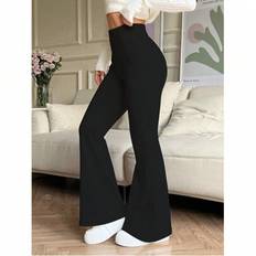 Plus Size Women&#39;s High Waist Solid Color Flared Sports Yoga Pants Compression Tights Running Workout Bottoms - Black - 0XL,1XL,2XL,3XL,4XL