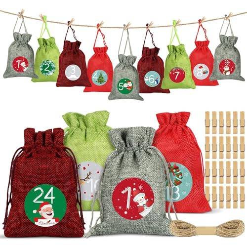 24 adventskalender att fylla, adventskalender tygväska, julkalender jutepåsar, överraskningskalender för jul, adventskalender väska