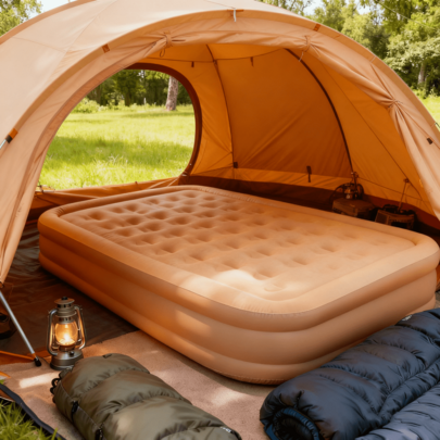 Uppblåsbar luftmadrass, lyxig campingmadrass, uppblåsbar liggunderlag i PVC, lyxig dubbel campingluftmadrass med inbyggd pump, tjock dyna - Multifärgad (Enkel höjd,Dubbel höjd,Enkel kort beige,Dubbel kort)