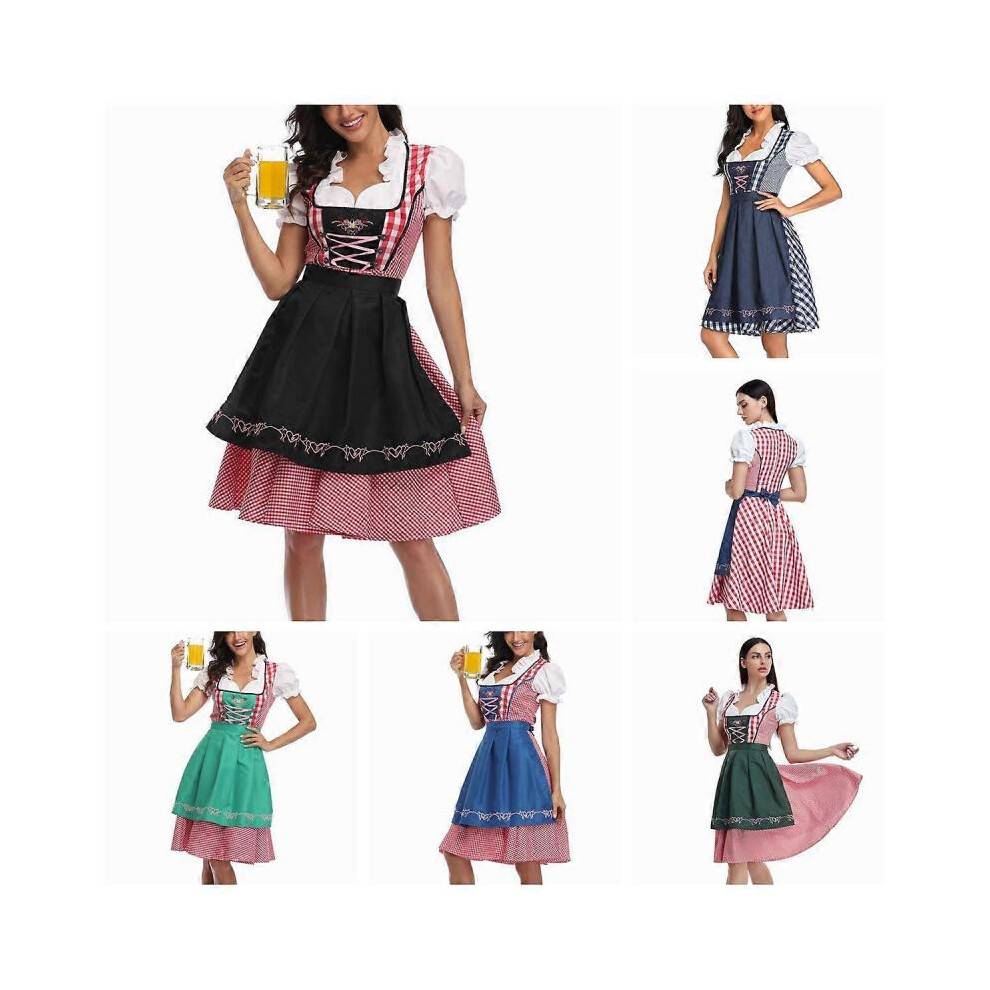 (L, Denim Blue Check) Womens Oktoberfest Beer Maid Costume Bavarian Traditional Dirndl Dress