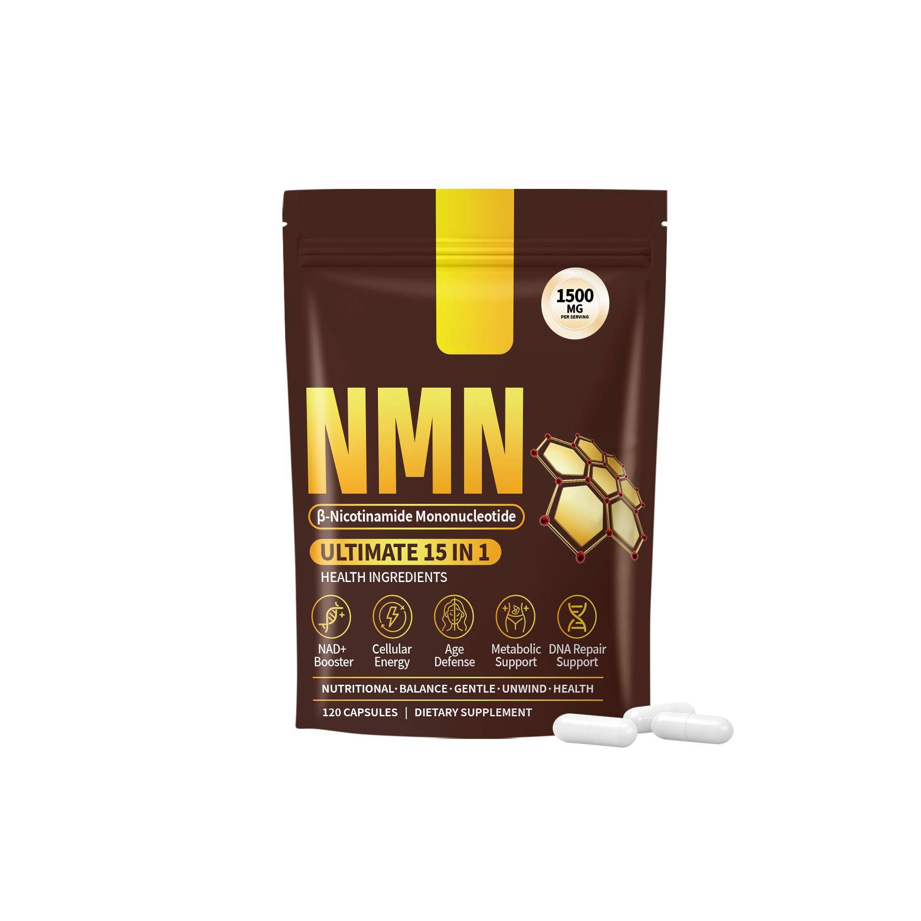 NMN 1500 mg Kosttillskott – 15-i-1 NAD+-boosterblandning, 120 kapslar