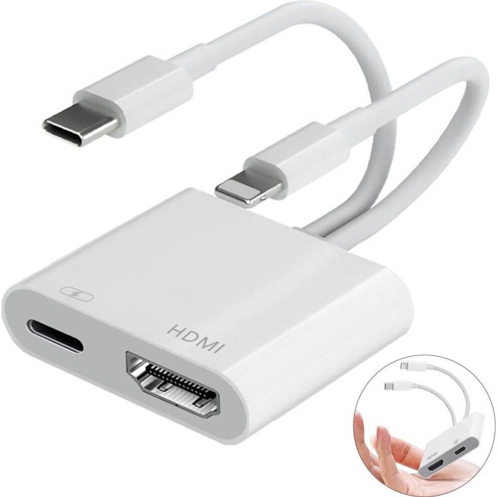 Kabeladapter, Lightning og Type-C dobbeltkabel til HDMI, 1080P HDMI-adapter til iPhone, iPad, video- og lydsynkronisering