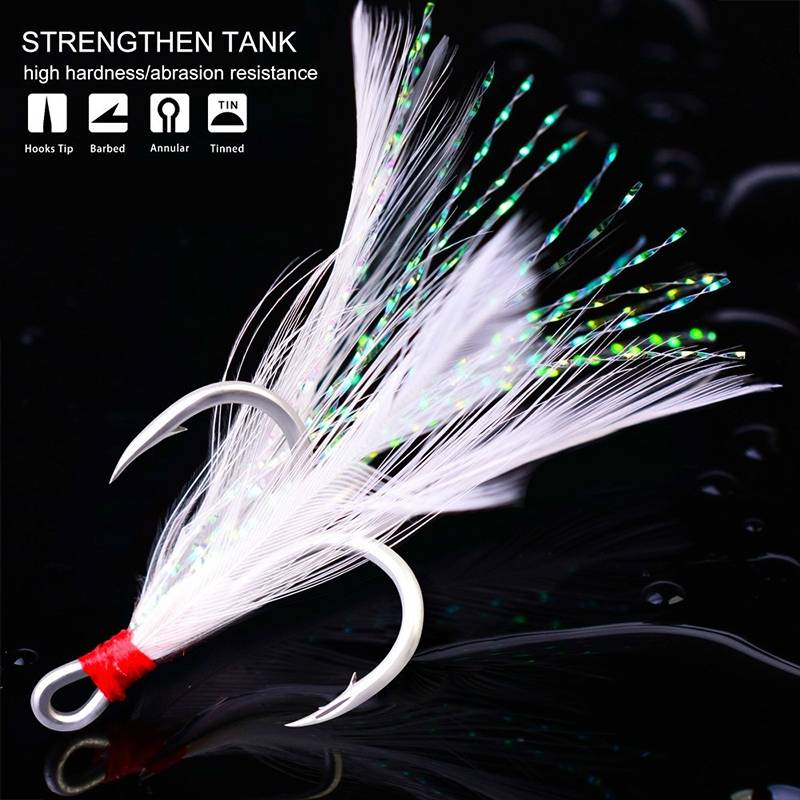 Treble Fishing Hooks 10pcs Treble Hooks With Feather Tackle Fishing Hook Stronger Carbon Steel Barbed Fishhooks Pesca Accessary