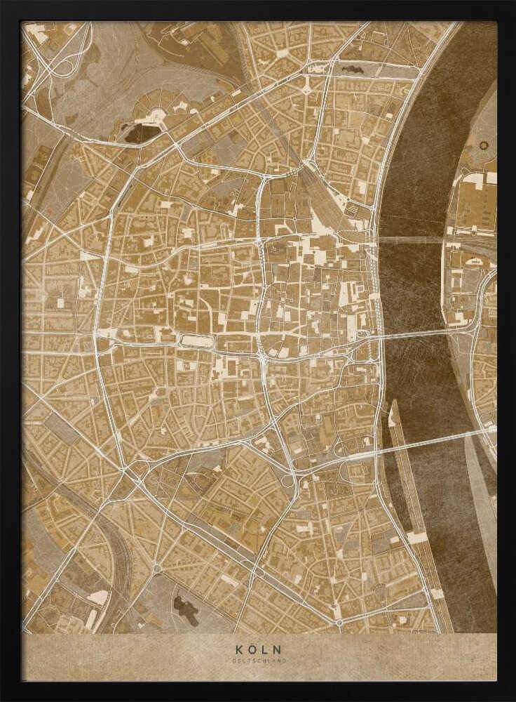 Sepia vintage map of Köln downtown Germany Poster - 50x70 cm / 20x28″
