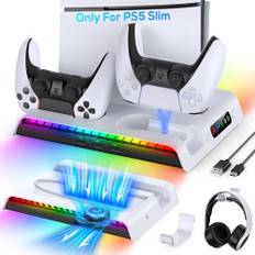 FYOUNG Vertikaler Standfuß für PS5 Slim Konsole mit Lüfter &Controller Ladestation, Multifunktionale Kühlung Ständer für Playstation 5 Slim Zubehör mit 9RGB Licht (Nur für PS5 Slim)
