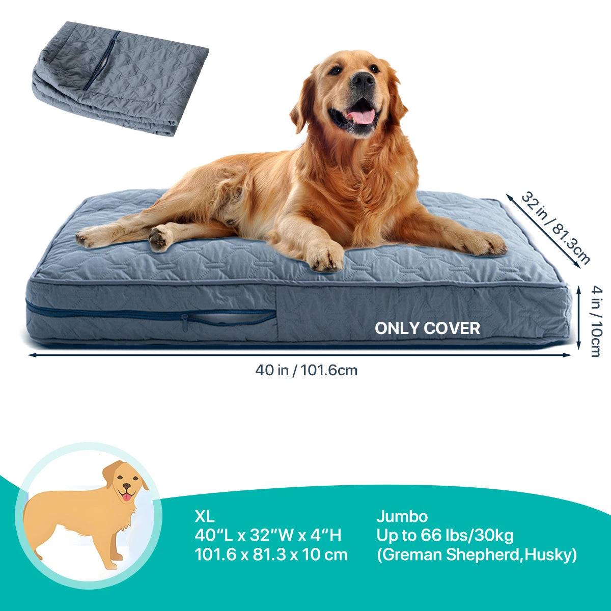 Orthopedic Dog Bed Washable Cover — Multi-Needle Quilted Foam Mat for Large Dogs & Crates - Slate Blue XL